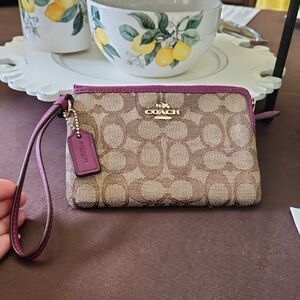 Coach Brown Signature Canvas Wristlet with Purple Trim